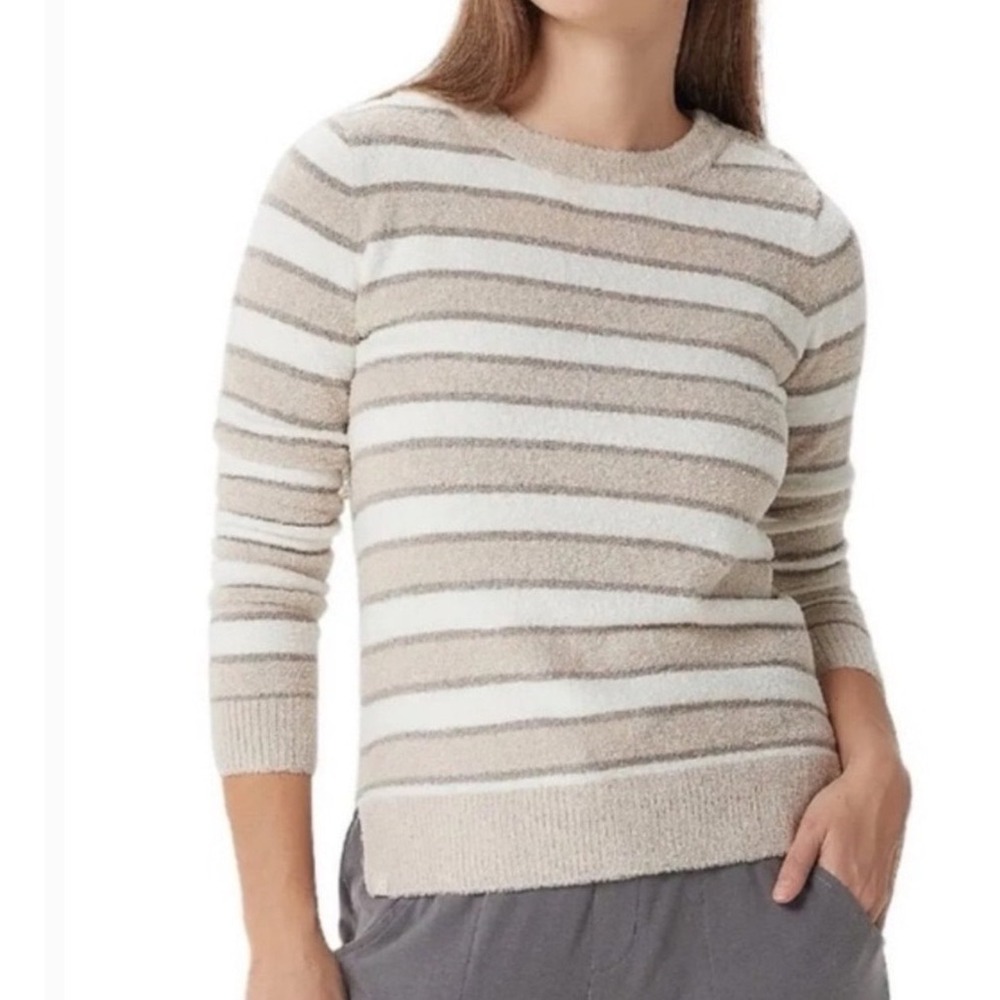 Barefoot Dreams CozyChic Lite Striped Pullover Sweater Tan White Small